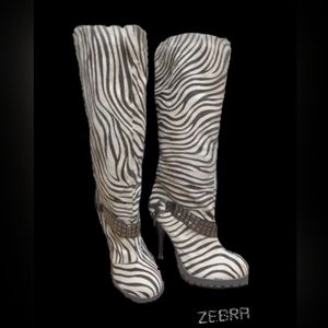 Women's zebra thigh high boots with boot chains